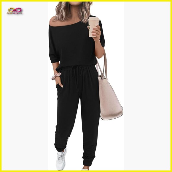 Pants - Off Shoulder Tracksuit Set Loose Fit Elastic Waist Drawstring Pants Summer